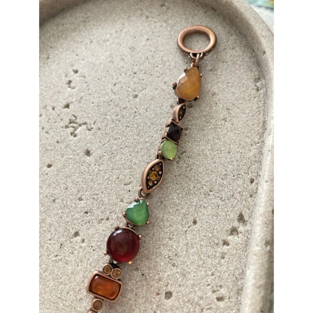 Multicolor Glass Stone Link Bracelet Copper Tone Toggle Clasp Artisan Colorful - Picture 6 of 6